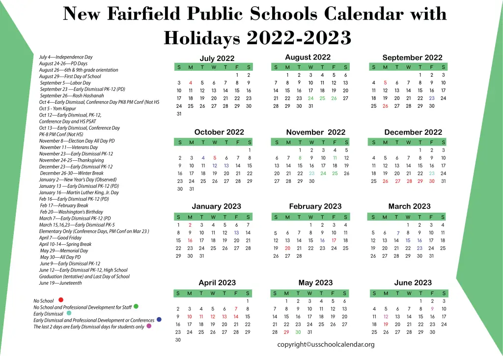 New Fairfield Public Schools Calendar with Holidays 2022-2023