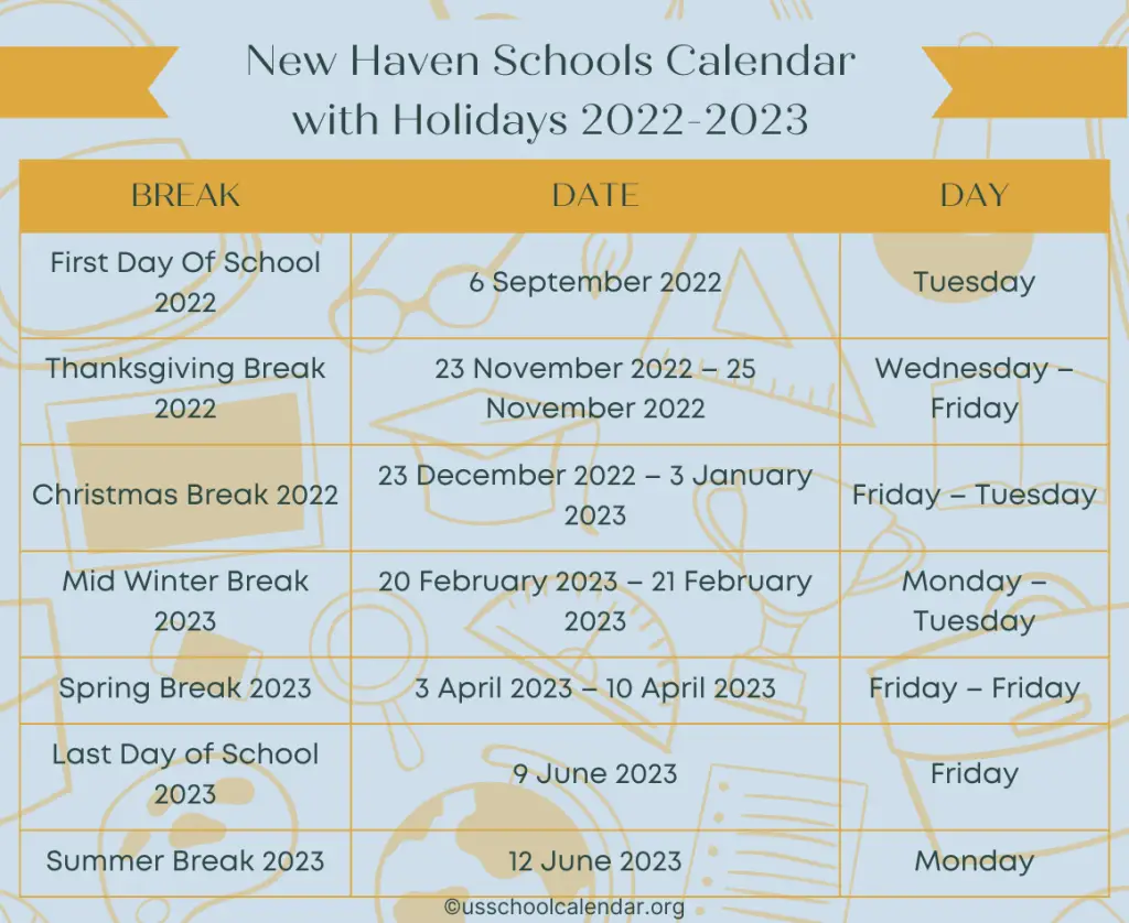 New Haven Schools Calendar with Holidays 2022-2023