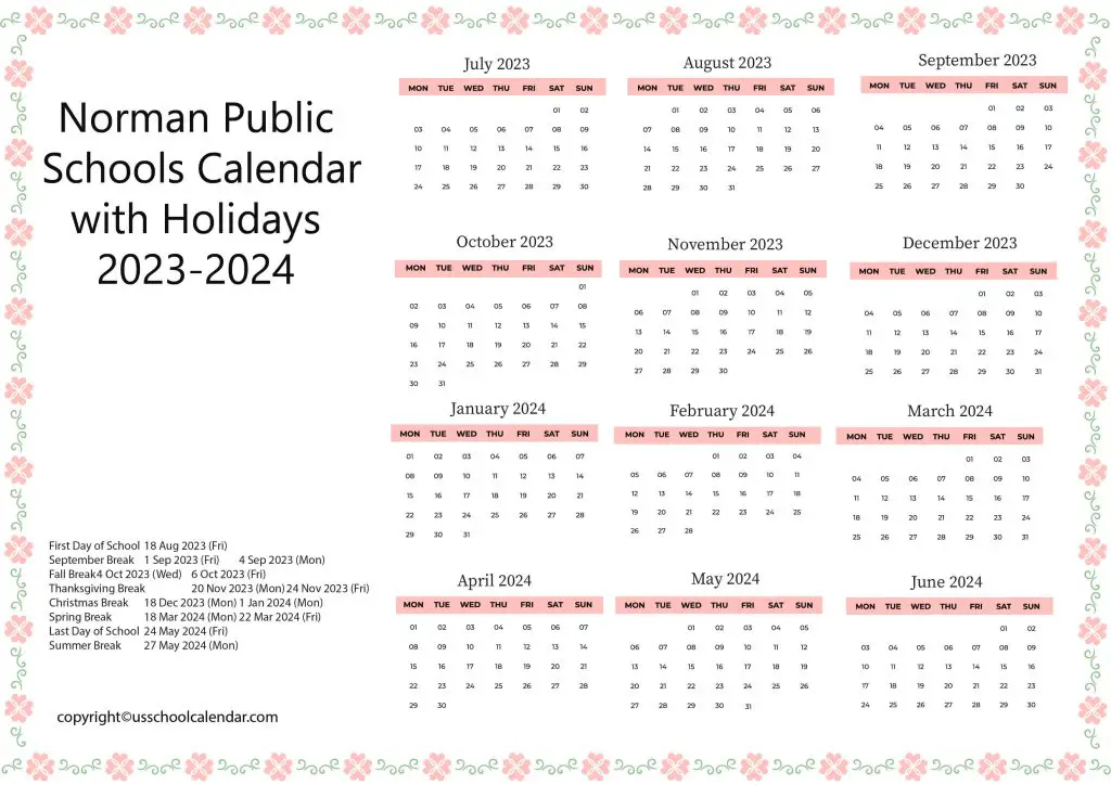 Norman Public Schools Academic Year Calendar