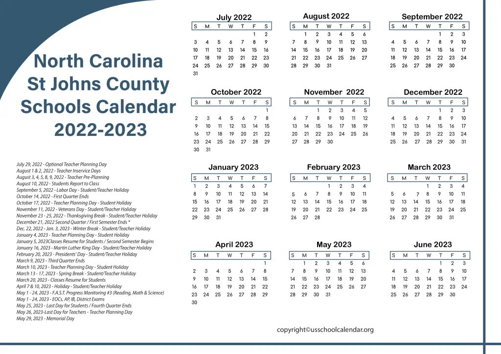 North Carolina St Johns County Schools Calendar 2022-2023