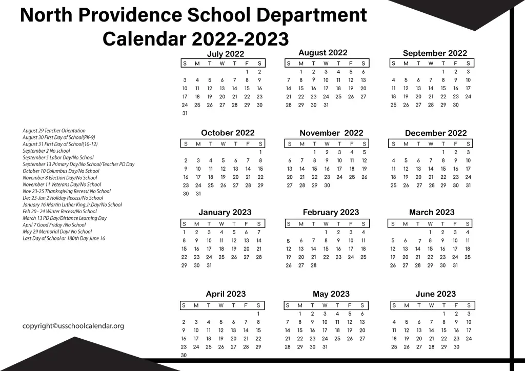 North Providence School Department Calendar 2022-2023