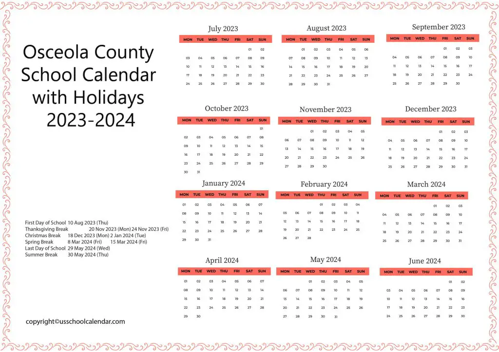 Osceola County School Calendar