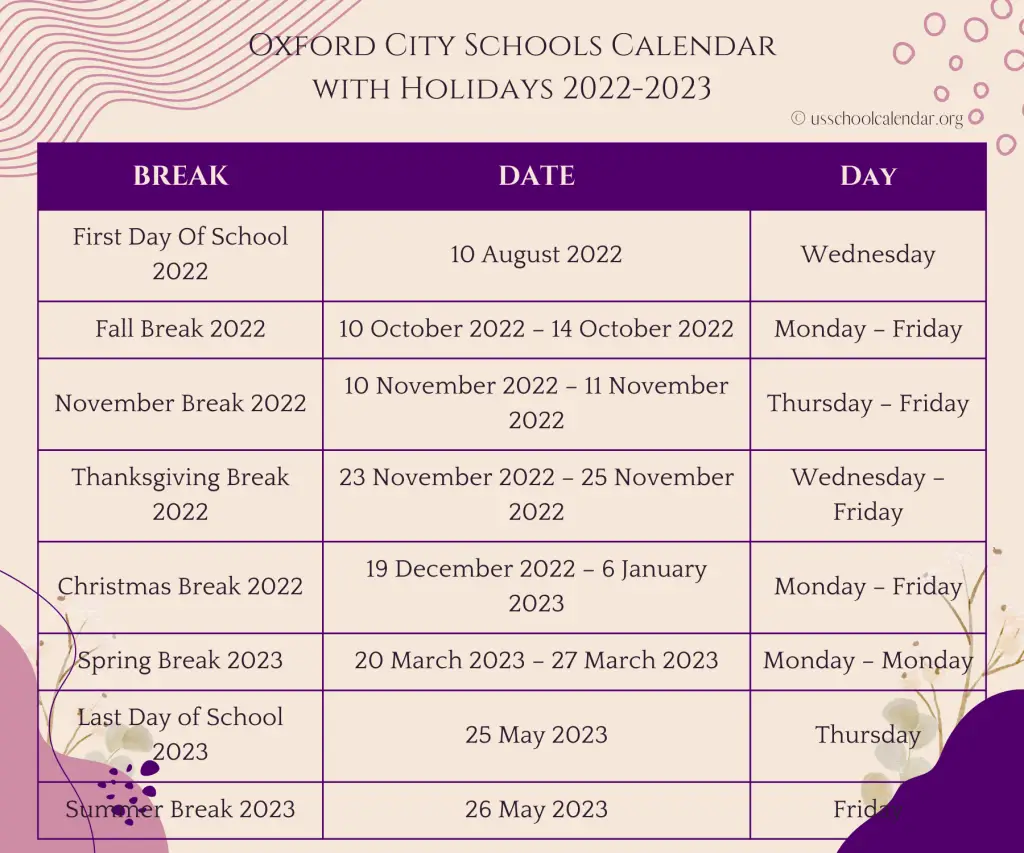 Oxford City Schools Calendar with Holidays 2022-2023