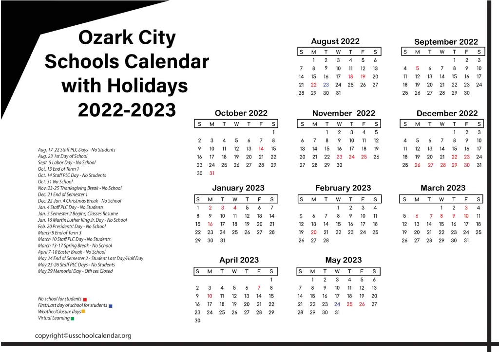 Ozark City Schools Calendar with Holidays 2022-2023 3