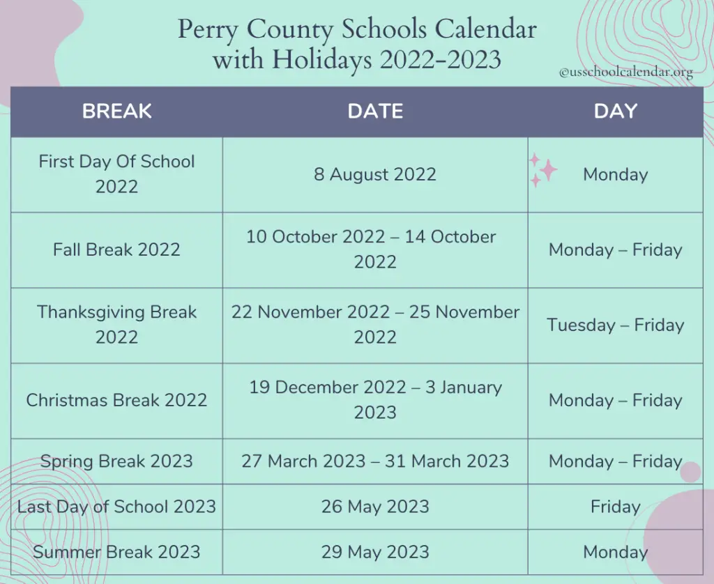 Perry County Schools Calendar with Holidays 2022-2023