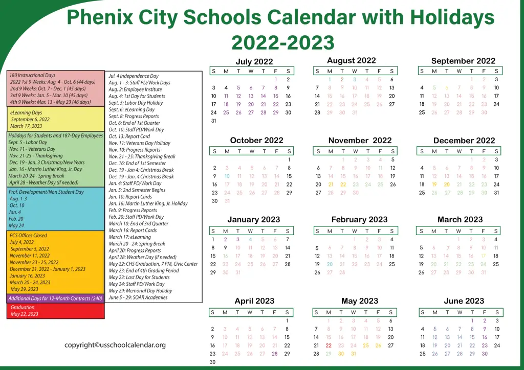 Phenix City Schools Calendar with Holidays 2022-2023 3-1