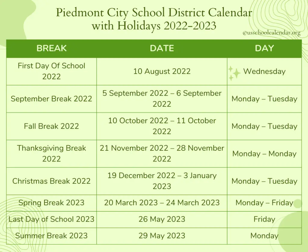 Piedmont City School District Calendar with Holidays 2022-2023