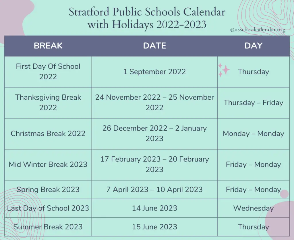 Stratford Public Schools Calendar with Holidays 2022-2023