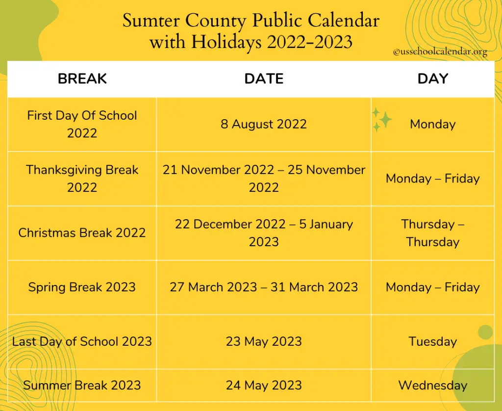 Sumter County Public Calendar with Holidays 2022-2023