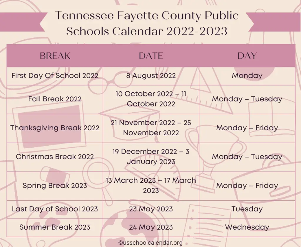 Tennessee Fayette County Public Schools Calendar 2022-2023