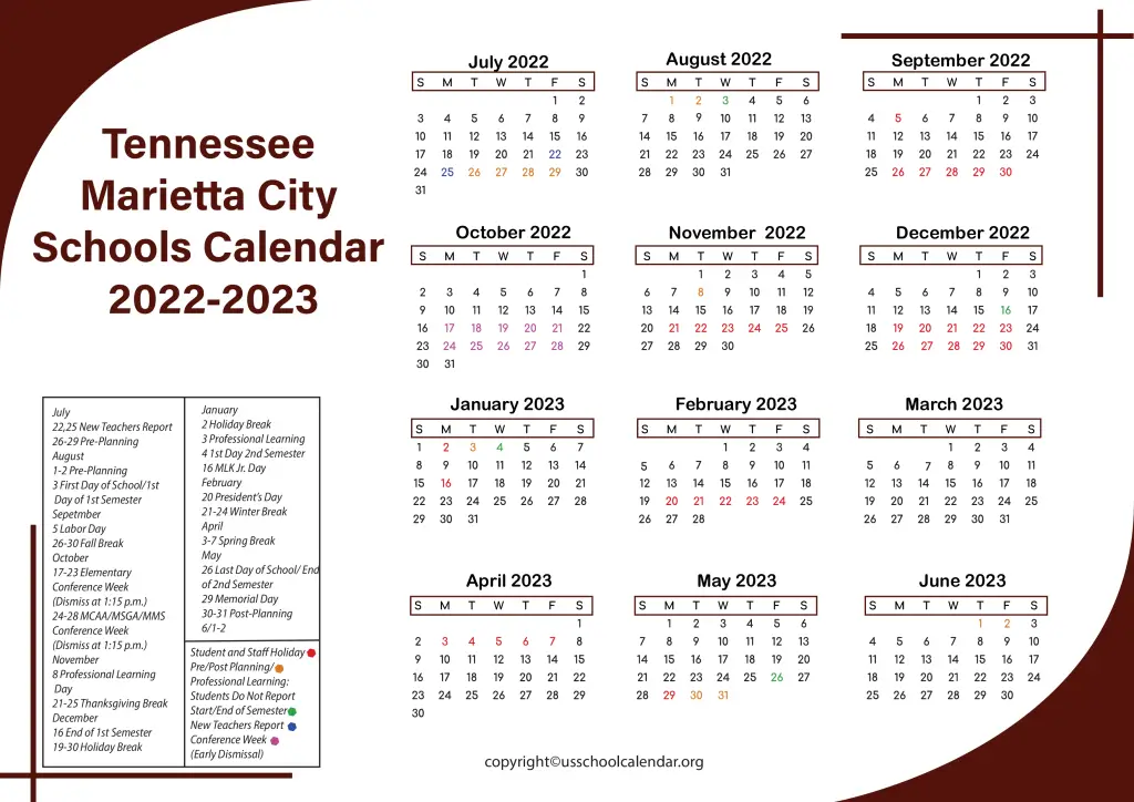 Tennessee Marietta City Schools Calendar 2022-2023