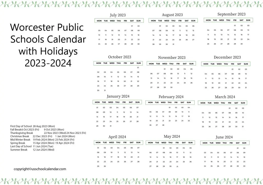 Worcester Public Schools Calendar