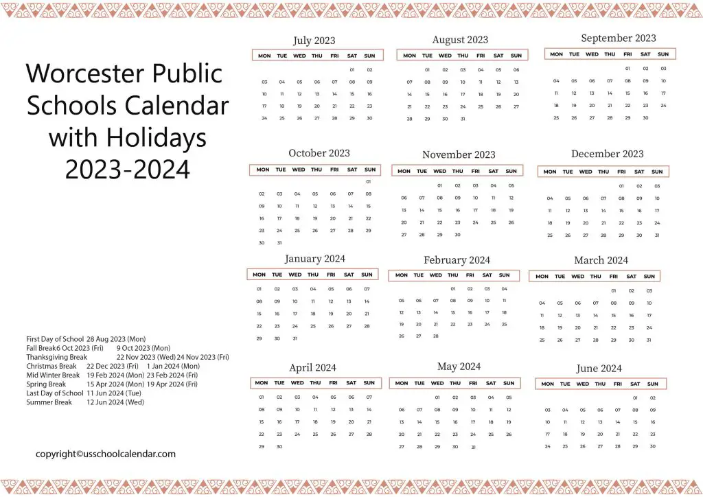 Worcester Schools Calendar