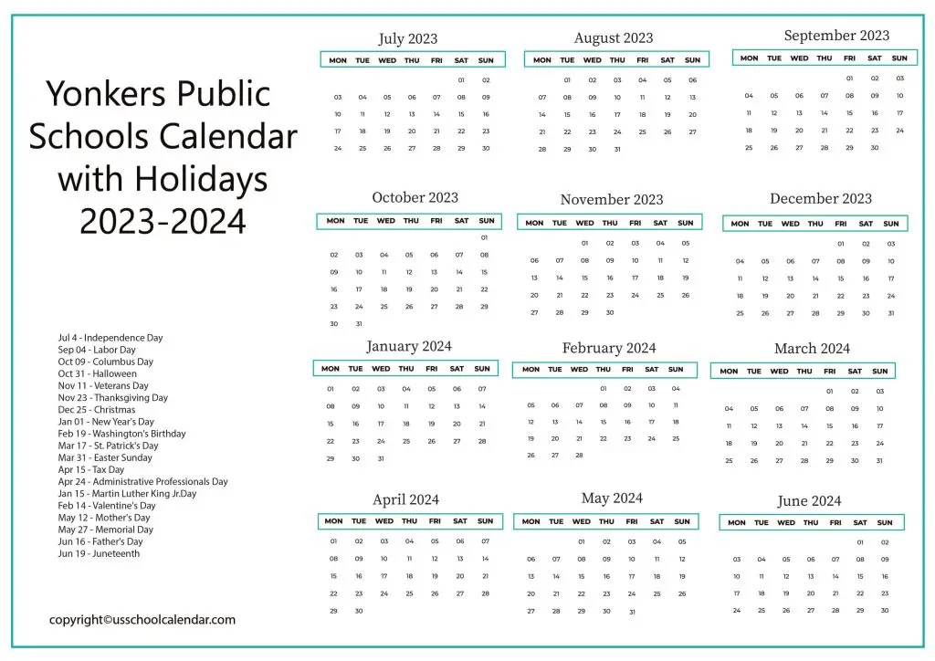 Yonkers School Calendar