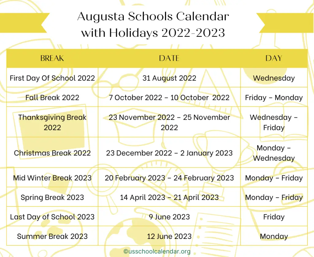 Augusta Schools Calendar with Holidays 2022-2023