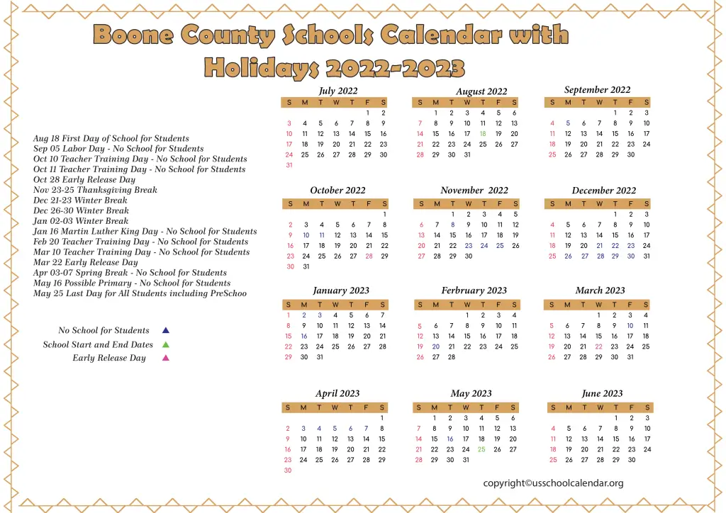 Boone County Schools Calendar with Holidays 2022-2023