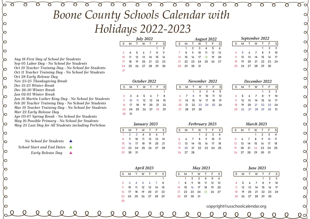 Boone County Schools Calendar with Holidays 2022-2023