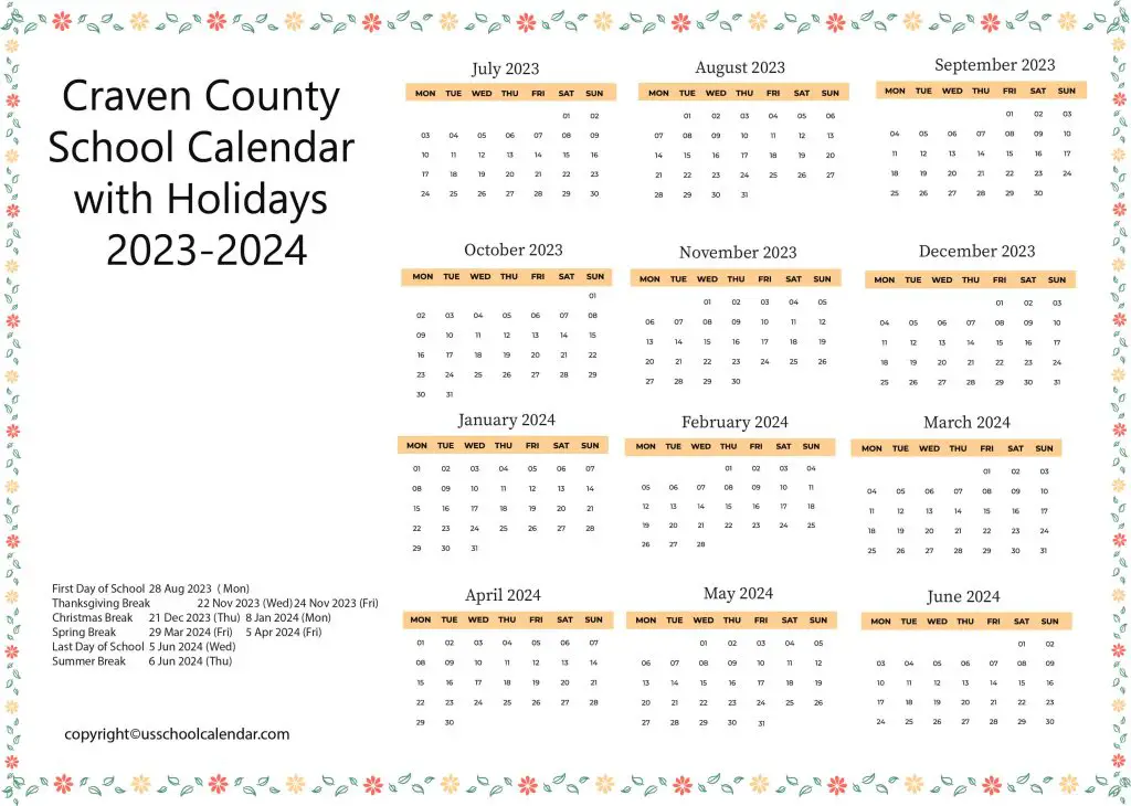 Craven County School Calendar