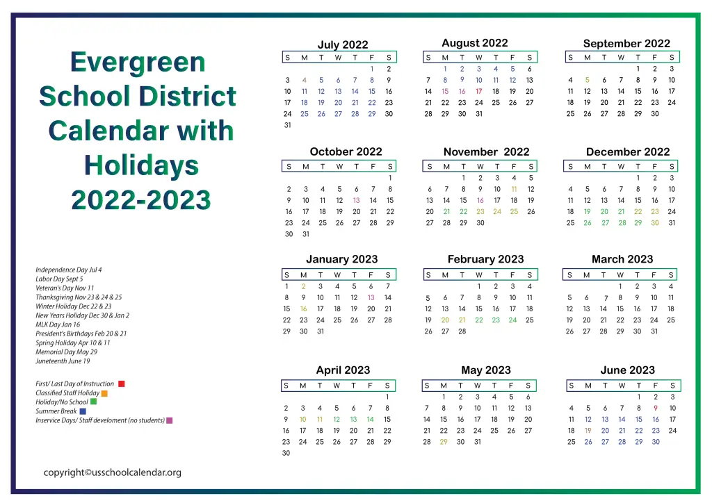 Evergreen School District Calendar with Holidays 2022-2023 3