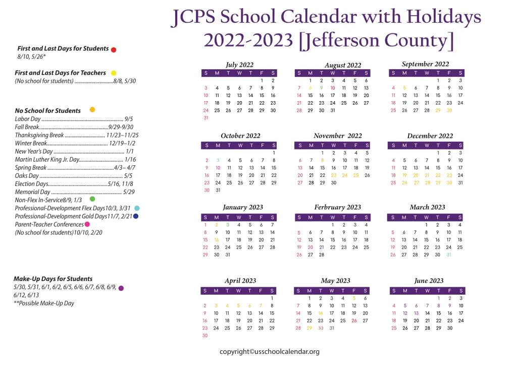 JCPS School Calendar with Holidays 2022-2023 [Jefferson County]