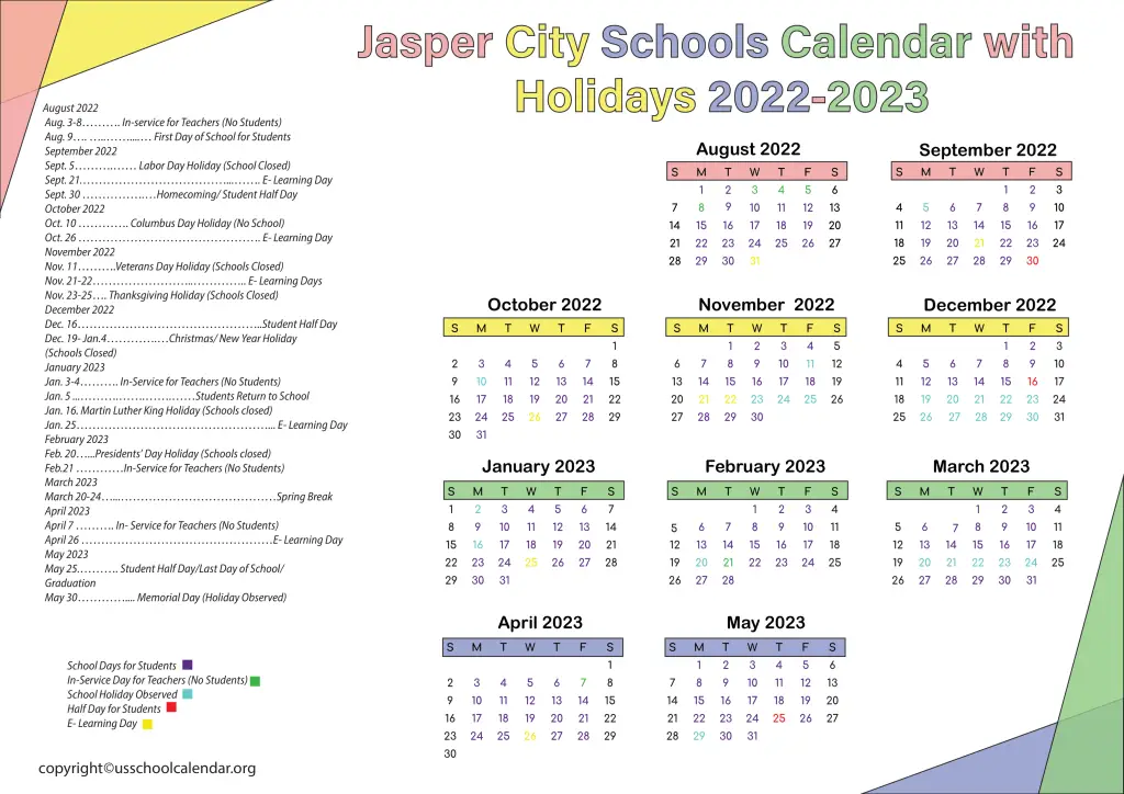 Jasper City Schools Calendar with Holidays 2022-2023 3