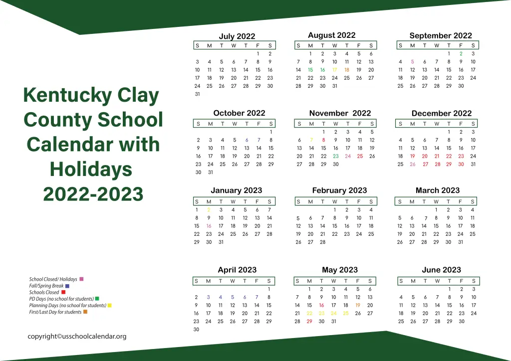 Kentucky Clay County School Calendar with Holidays 2022-2023 3