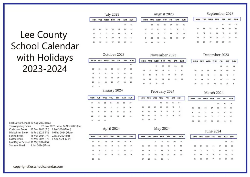 Lee County School District Calendar 