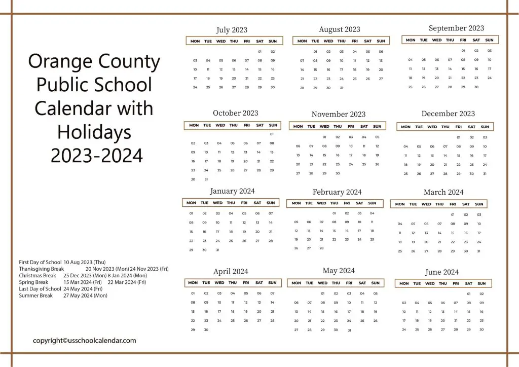 Orange County Public School Holiday Calendar