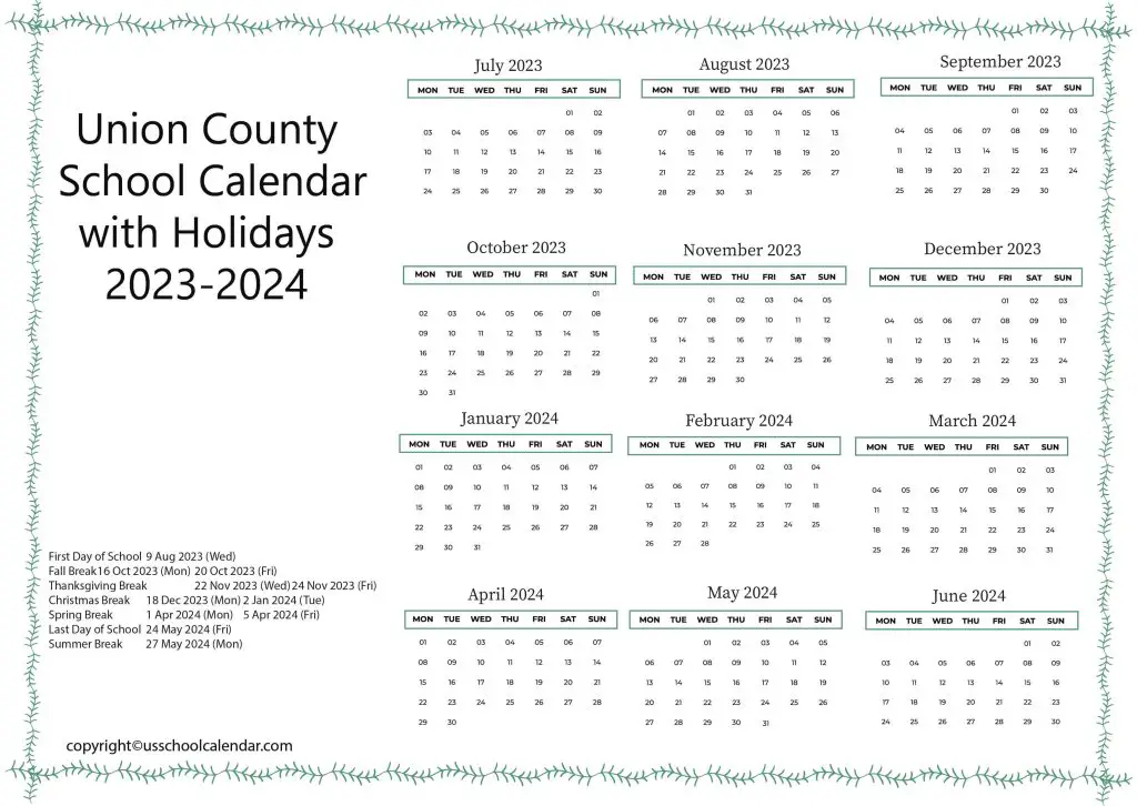 Union County School District Calendar