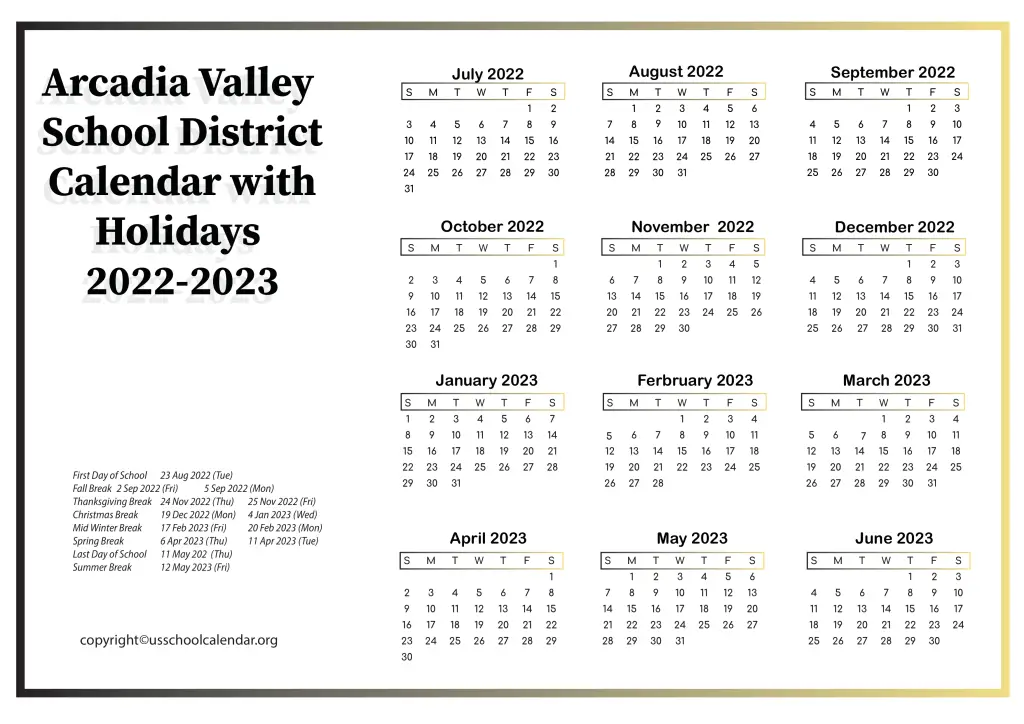 Arcadia Valley School District Calendar with Holidays 2022-2023 2