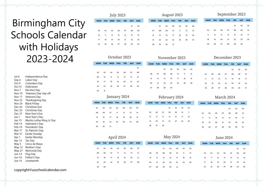 Birmingham City School District Holiday Schedule