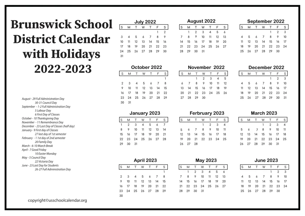 Brunswick School District Calendar with Holidays 2022-2023