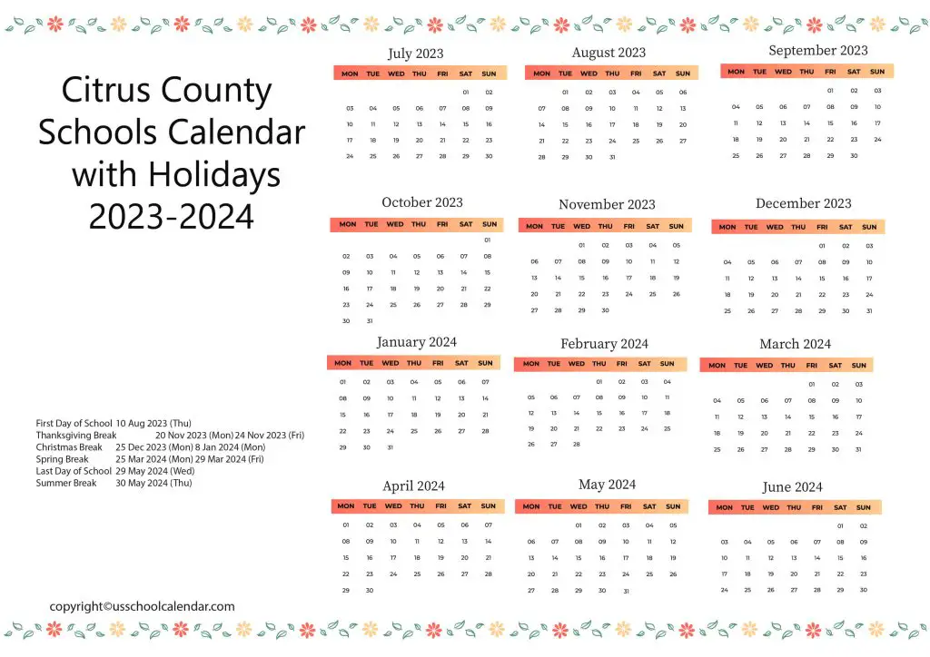 Citrus County Schools Holiday Calendar