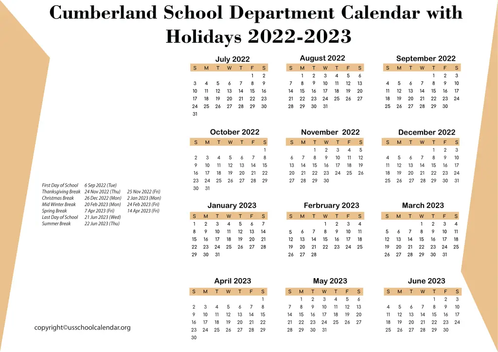 Cumberland School Department Calendar with Holidays 2022-2023