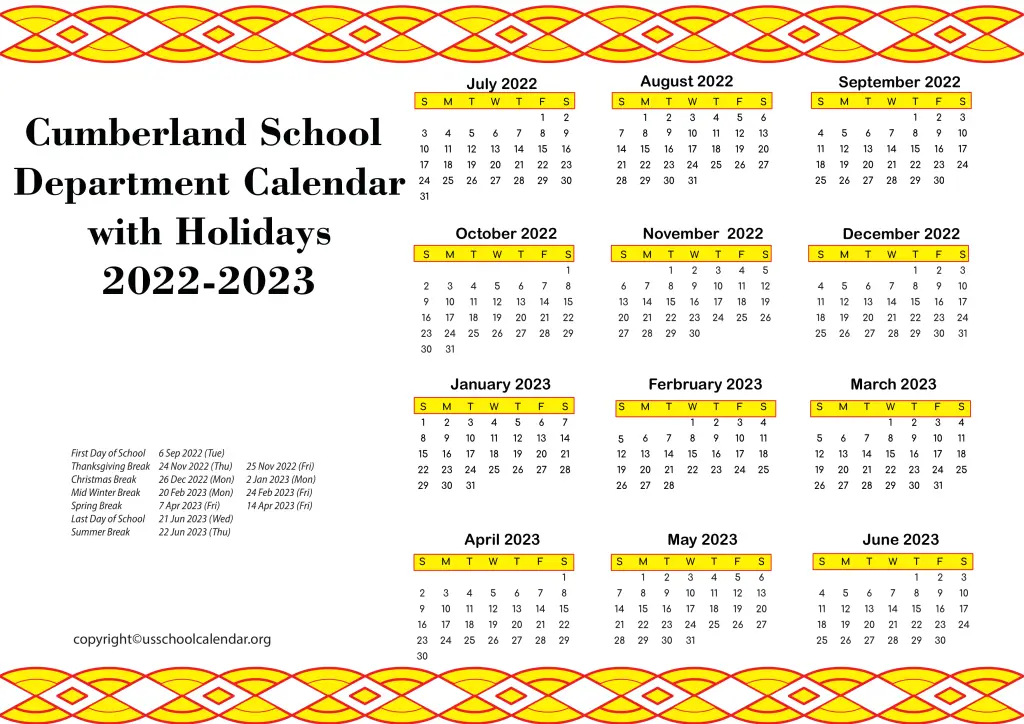 Cumberland School Department Calendar with Holidays 2022-2023 2