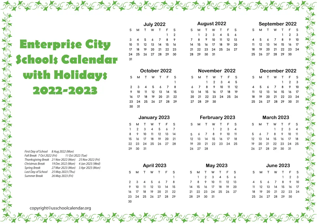 Enterprise City Schools Calendar with Holidays 2022-2023