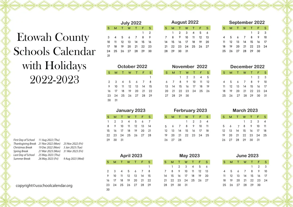 Etowah County Schools Calendar with Holidays 2022-2023