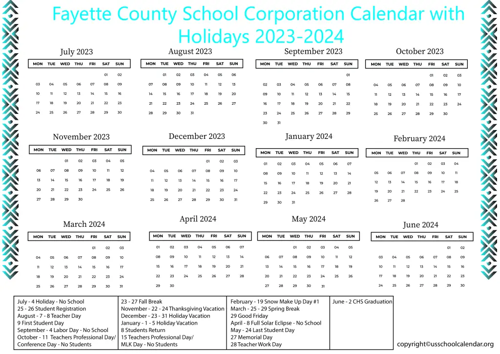 Fayette County School Corporation Calendar with Holidays 2023-2024 2