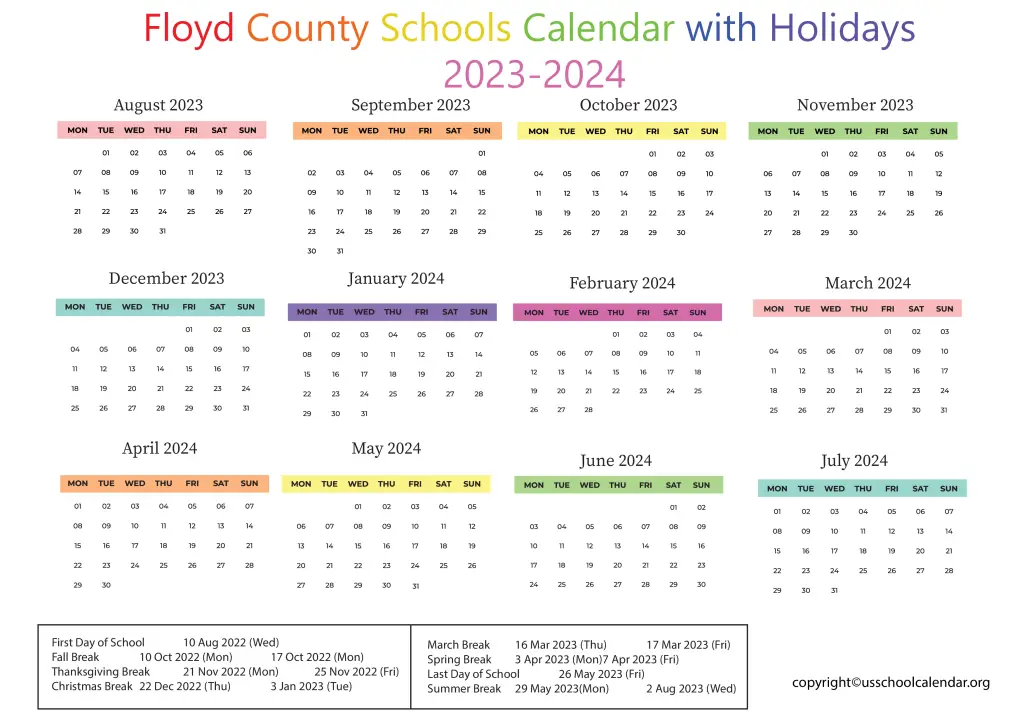 Floyd County Schools Calendar with Holidays 2023-2024 2