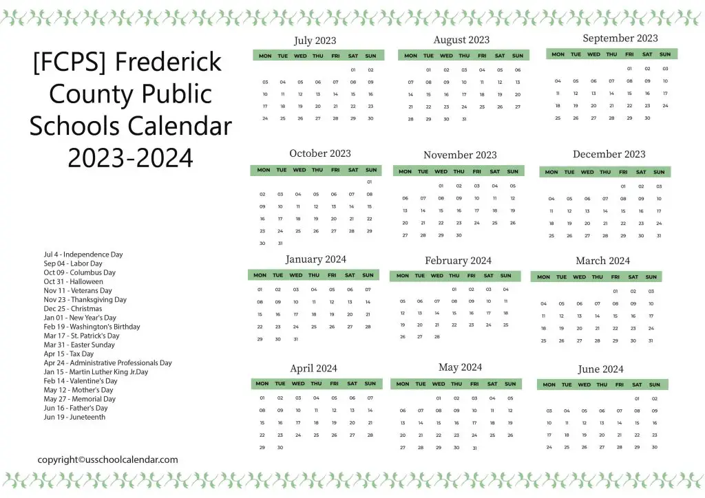 Frederick County Public Schools Holiday Calendar