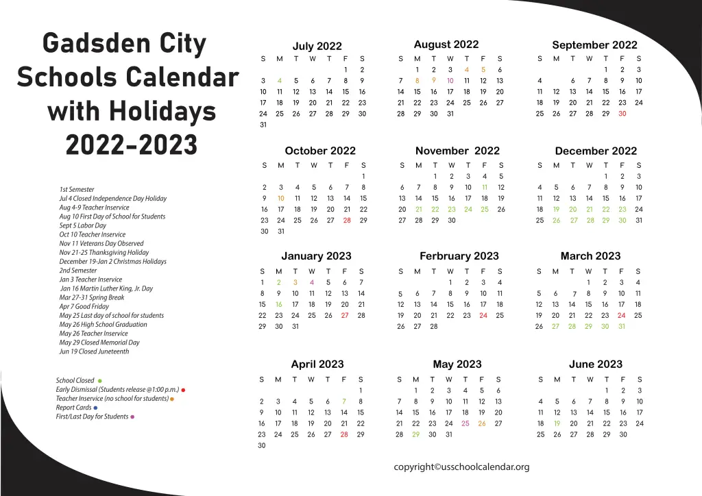 Gadsden City Schools Calendar with Holidays 2022-2023