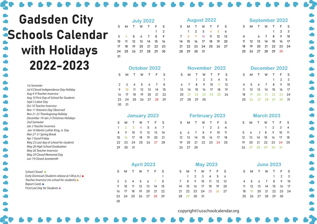 Gadsden City Schools Calendar with Holidays 2022-2023 2