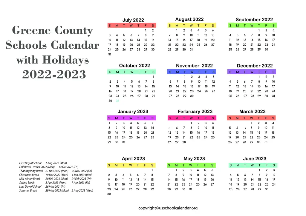 Greene County Schools Calendar with Holidays 2022-2023