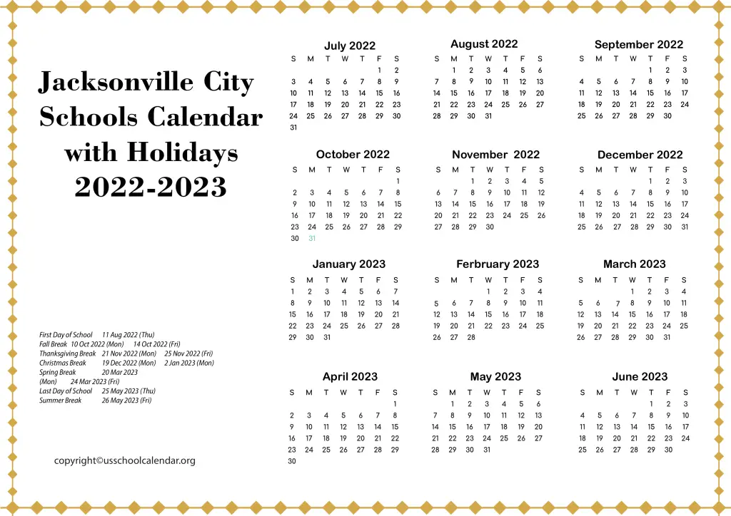 Jacksonville City Schools Calendar with Holidays 2022-2023