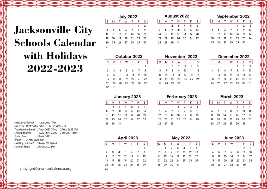 Jacksonville City Schools Calendar with Holidays 2022-2023 2