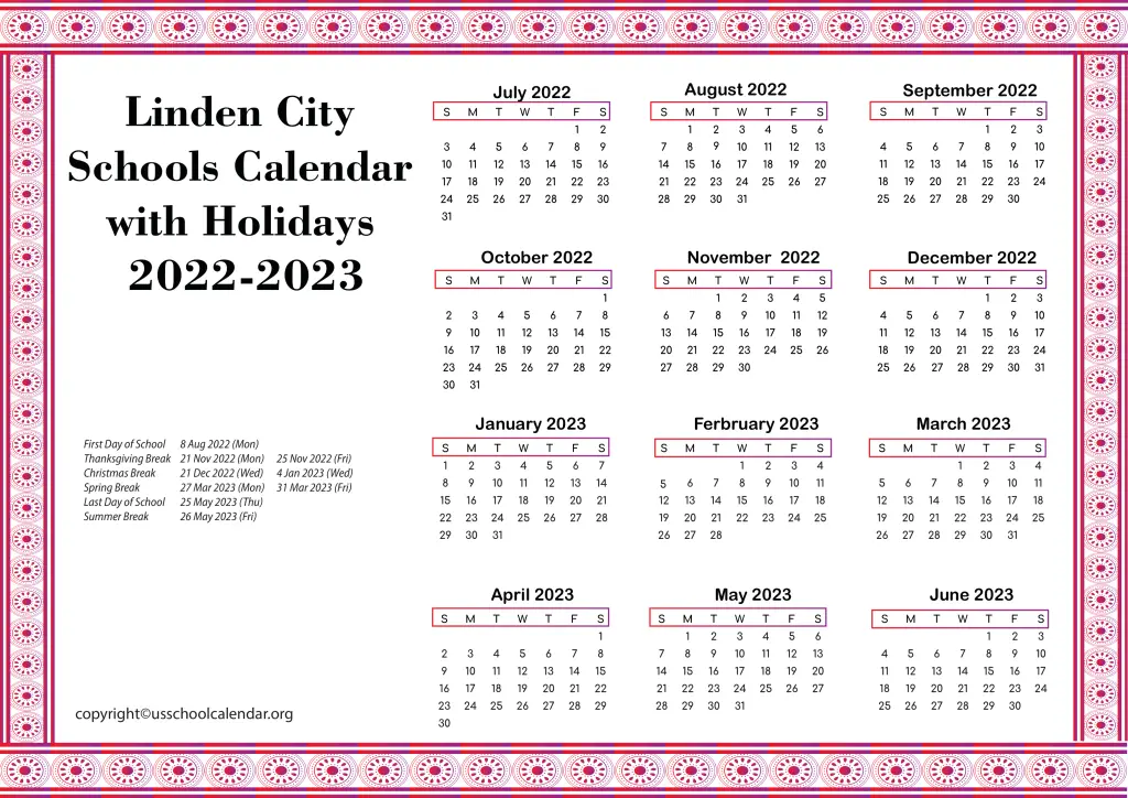 Linden City Schools Calendar with Holidays 2022-2023