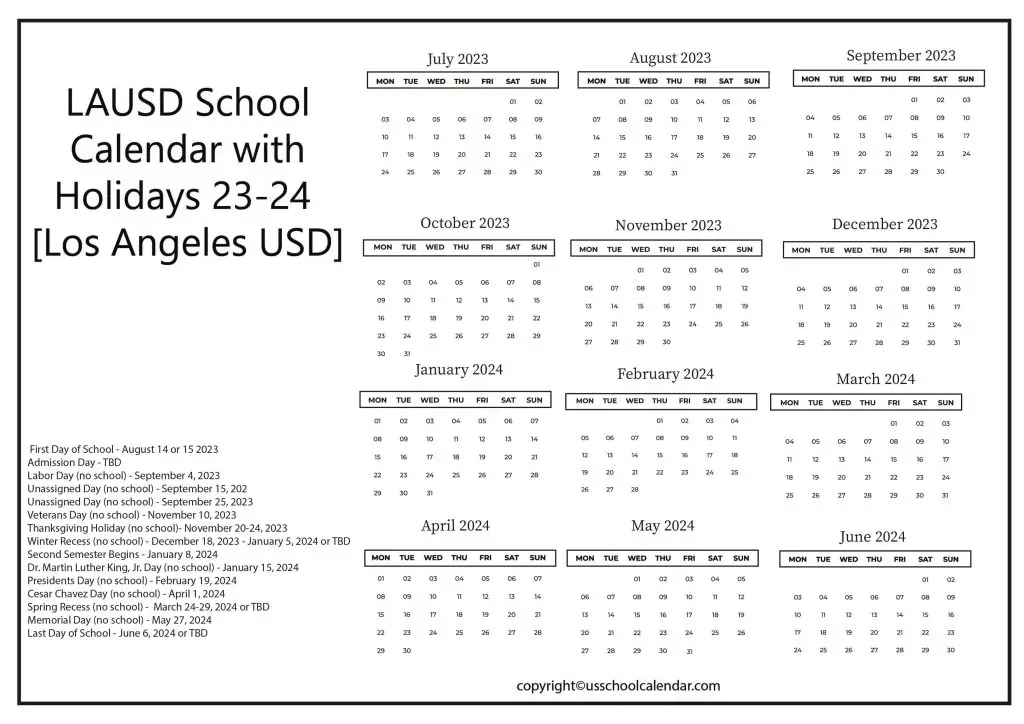 Los Angeles Unified School District Calendar