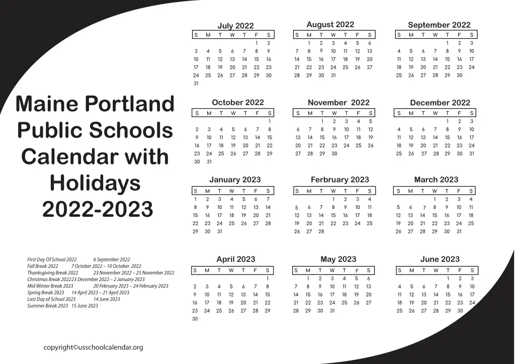 Maine Portland Public Schools Calendar with Holidays 2022-2023