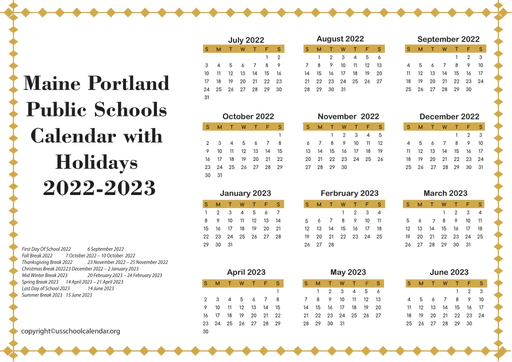 Maine Portland Public Schools Calendar with Holidays 2022-2023 3