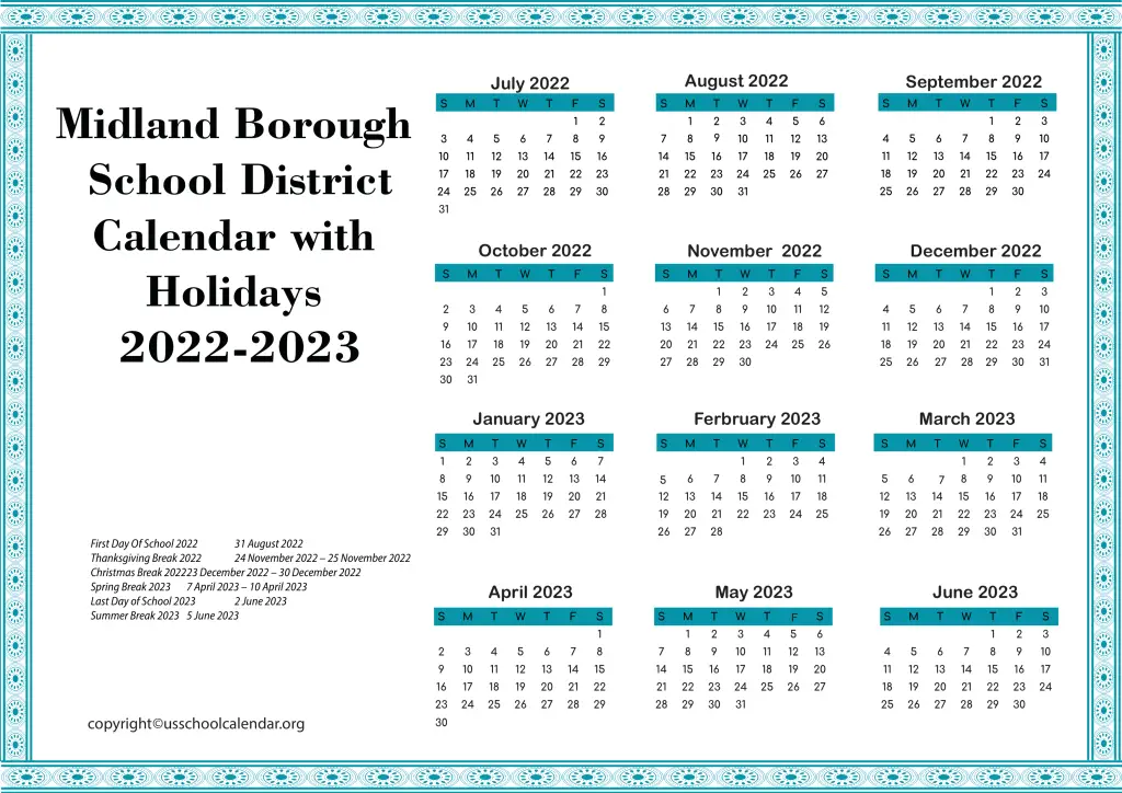 Midland Borough School District Calendar with Holidays 2022-2023